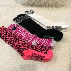 Victoria Secret Pink Playboy Knee socks LOT of 4  White Hot Pink Black Leopard